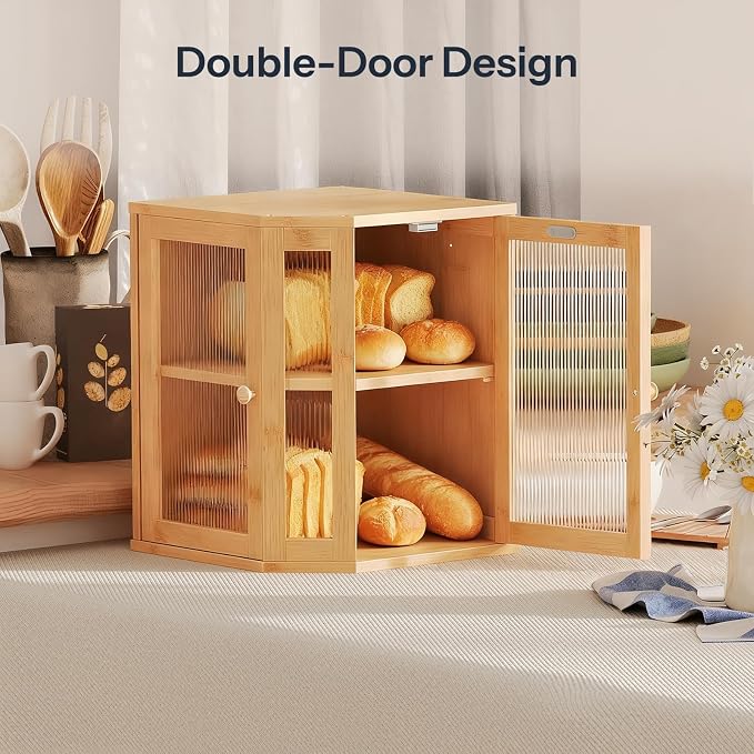 HOOBRO Bread Box, Bamboo Bread Box for Kitchen Countertop, 2-Tier Corner Bread Box, Large Capacity Bread Bin, Food Storage Box, Bread Storage Container for Kitchen, Dining Room, Natural YL12MB01