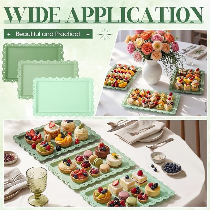 6 Pcs Green Serving Trays Plastic Platters Dessert Cupcake Holder Party Supplies 14.4 x 9.3 Inches Rectangular Cookie Snack Display Tray for Wedding Restaurant