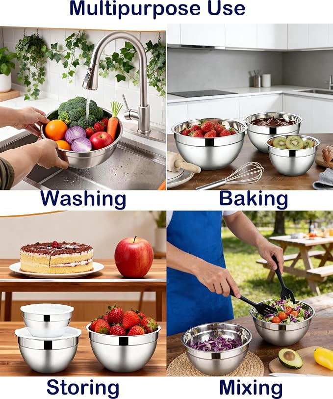 Stainless Steel Mixing Bowls With Lid, Metal Nesting Mixing Bowl Set Of 3 | Prep Bowls For Food Prep, Cooking, Baking, Serving, Storage, Dishwasher Safe, Metal Bowls with Lids for 1.5/3/5 Qt, Silver