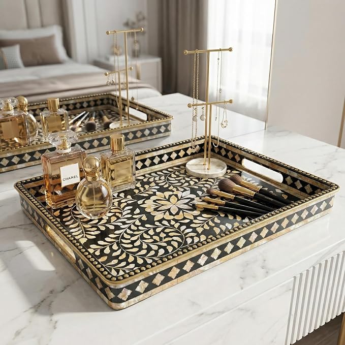 Boho Serving Tray with Handles, 15.7”x11.8” Rectangular Decorative Plastic Tray (Vintage Black & Gold) for Coffee Table, Ottoman, Living Room – Multipurpose Deco