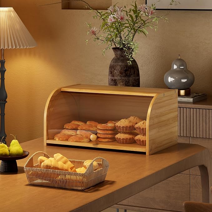 Roll Top Bread Box for Kitchen Countertop with Clear Lid | Natural bamboo, clear roll-top lid. Airtight small breadbox. Fits homemade loaves, bagels, pastries. Easy assembly.
