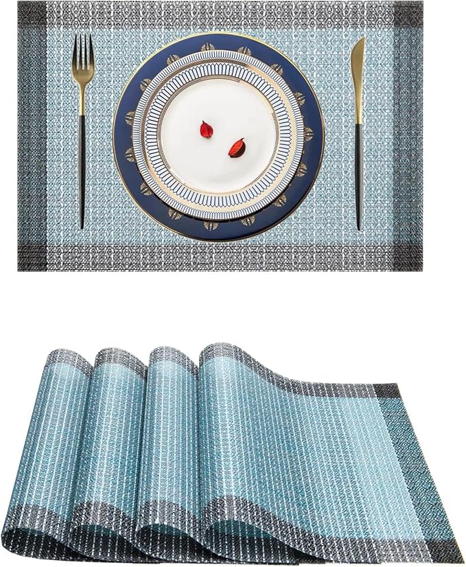 Blue Grey Ethnic Boho Placemats Set of 2, 12x18 Inch Linen Burlap Washable Durable Art Table Mats for Holiday Party Kitchen Dining Room Decoration