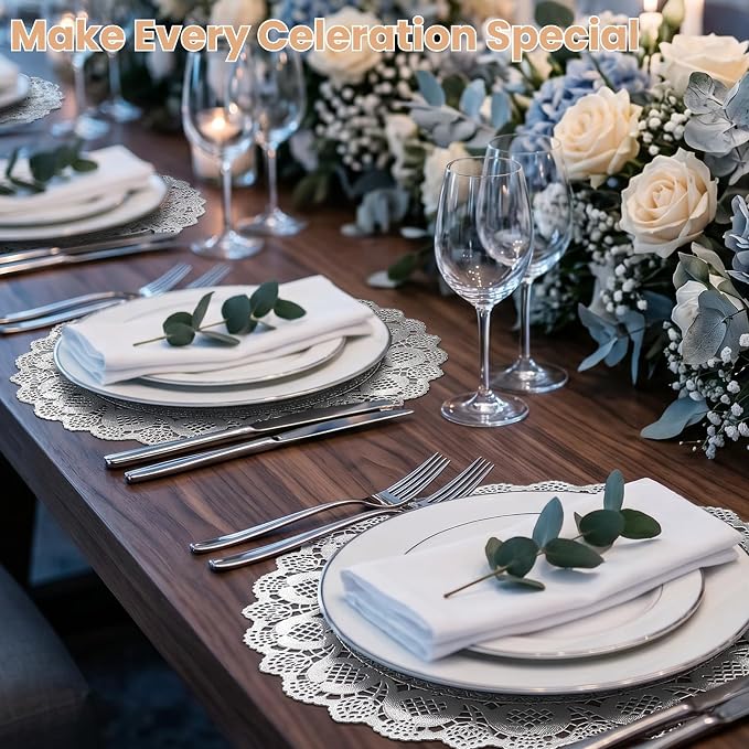 100 Pack 13.5 Inch Round Silver Paper Doilies, Disposable Lace Placemat | Rustic Scallop Foil Doily Table Pads, Heavy-Duty Paper Place Mats for Cakes, Crafts, Parties, Weddings, Buffet, Home Decor