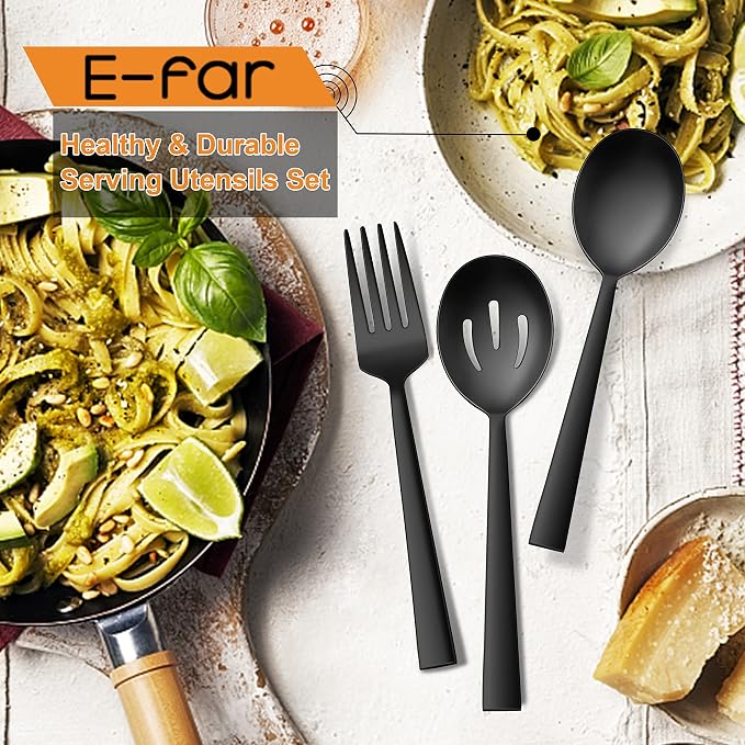 E-far Matte Black Serving Utensils Set of 6, Stainless Steel Serveware Set | 8.7 Inch, Hostess Serving Set Including Metal Slotted Spoons Forks for Party Buffet Catering, Square Edge & Rust Free