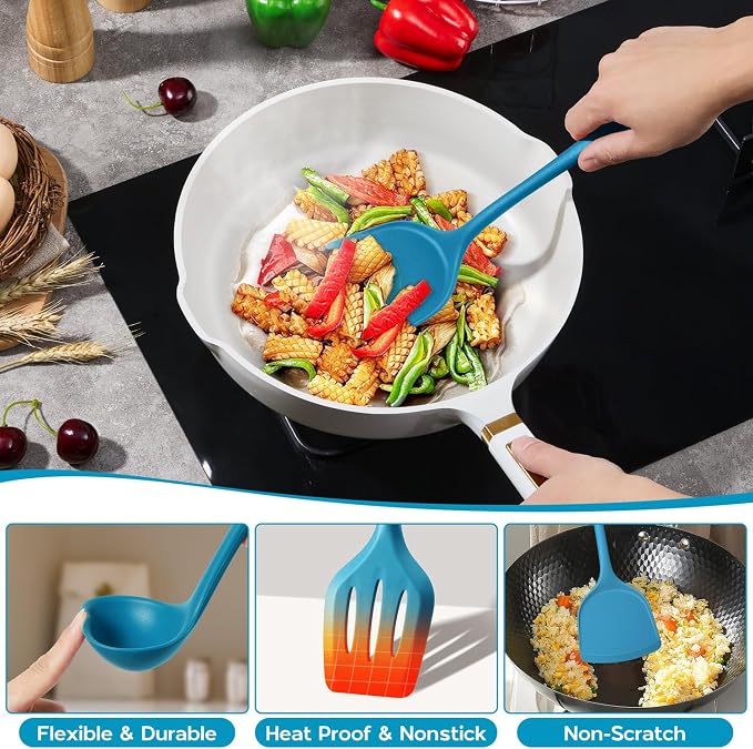 Onader Navy Blue Kitchen Utensils Set, Silicone Cooking Utensils Set of 10 with Turner Spoon Spatula Whisk Pasta Server, Dishwasher Safe
