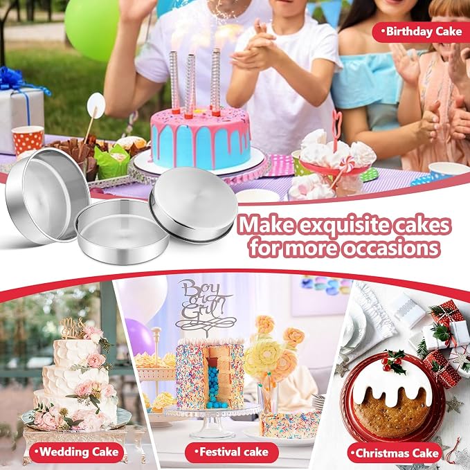 P&P CHEF 8 Inch Cake Pan Set of 4, Stainless Steel Round Cake Pans Tins | Baking Round Cake Bakeware for Birthday Wedding, Leak-proof & Mirror Finish & Easy Releasing, Dishwasher Safe