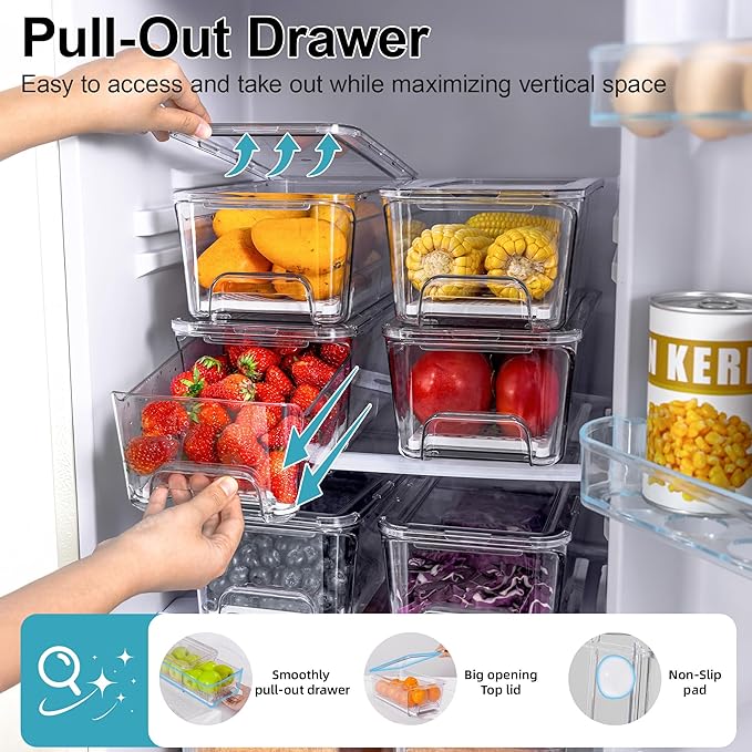4-Pack Stackable Fruit Storage Containers for Fridge | Pull-Out Drawer Organizer Bins, With Lids & Drain Tray, Keep Fresh, Removable Refrigerator Container for Berry, Veggie, Drink