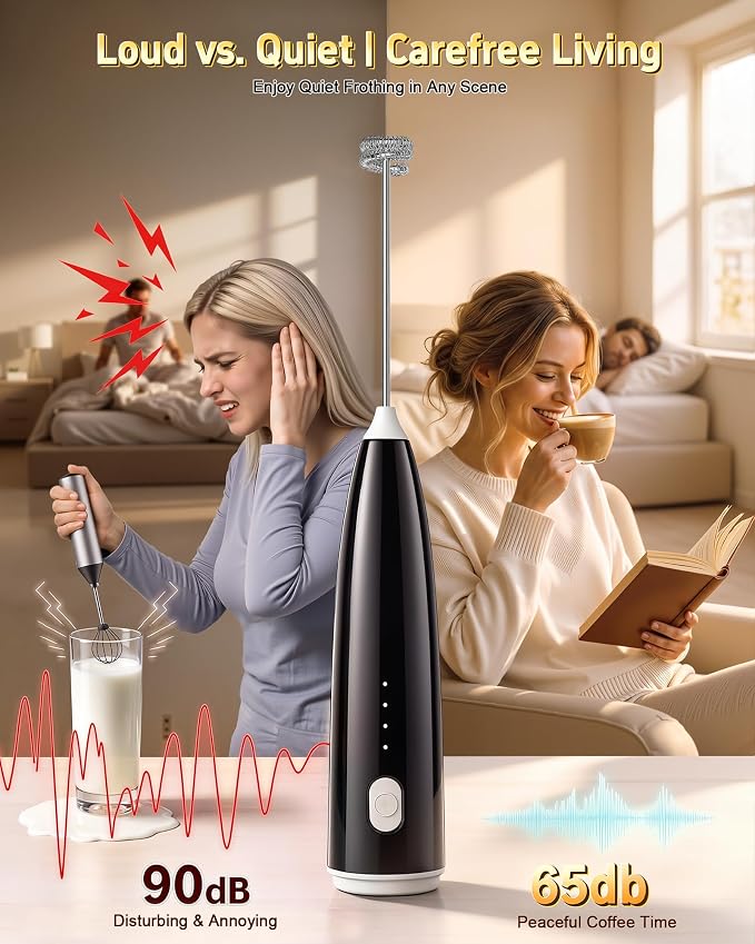 Milk Frother Handheld,Portable Electric Drink Mixer&Wand,Egg Whisk-Black | USB C Rechargeable | 3 Detachable Whisks | 3 Adjustable Speeds | Quiet Operation | For Coffee, Latte, Matcha,protein powder