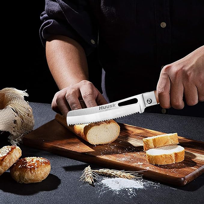 Huusk Folding Bread Knife for Homemade Bread - Portable Bread Knives | 440C Stainless Steel, Wooden Handle, Gift Box, Wide Wavy Edge for Steak, Tomato