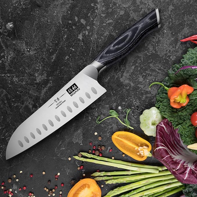 SHAN ZU 7 Inch Japanese Chef Knife, Professional Kitchen Knives | Japanese Super Steel Sharp Santoku Knife with K133 Ergonomic Handle, Black Tortoise Genbu Series