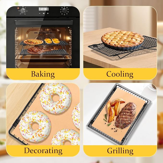 2 Tier Cookie Cooling Rack 13.4"x9.3" with 50 Pcs Baking Paper | Wire Cooling Rack with Collapsible Legs, Heavy Duty Cooling Racks for Cookie, Cake, Pizza, Grilling, Drying