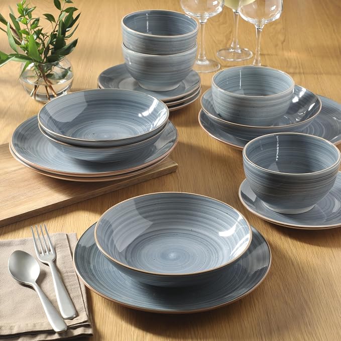 Gibson Home Stonebury 16 Piece Plates and Bowls Blue Dishes - Handpainted Stoneware Dinnerware Set - Service for 4