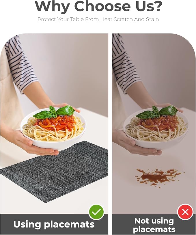 Leetaltree Black and Grey Woven Placemats Set of 8 - Heat Resistant Non-Slip Place mats for Dining Table, Washable Durable PVC Vinyl Woven Table Mats(Black & Grey, 8)