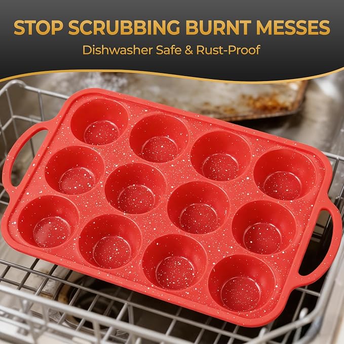 12-Cup Mini Silicone Muffin Pan with Reinforced Steel Frame,Red-Whitedot | Regular Size Cupcake Pan, BPA Free Silicone Muffin Tray, Reinforced Steel Frame for Stability, Easy Baking & Cleanup, 2Pk