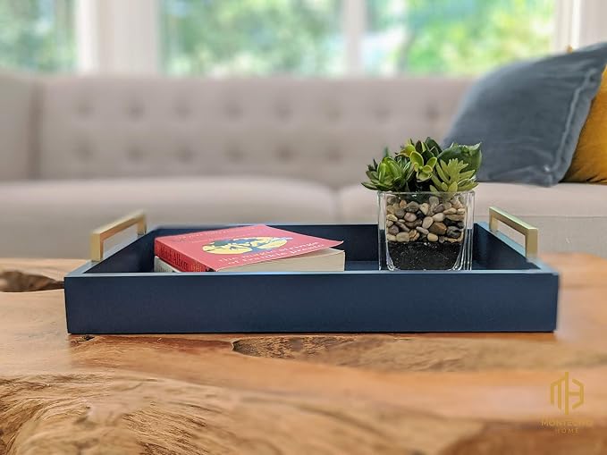 Decorative Coffee Table Tray - Ottoman Tray - Breakfast, Drinks, Liquor Serving Platter - from Farmhouse to Modern - Matte Finish - Champagne Gold Handles - Twilight-Blue