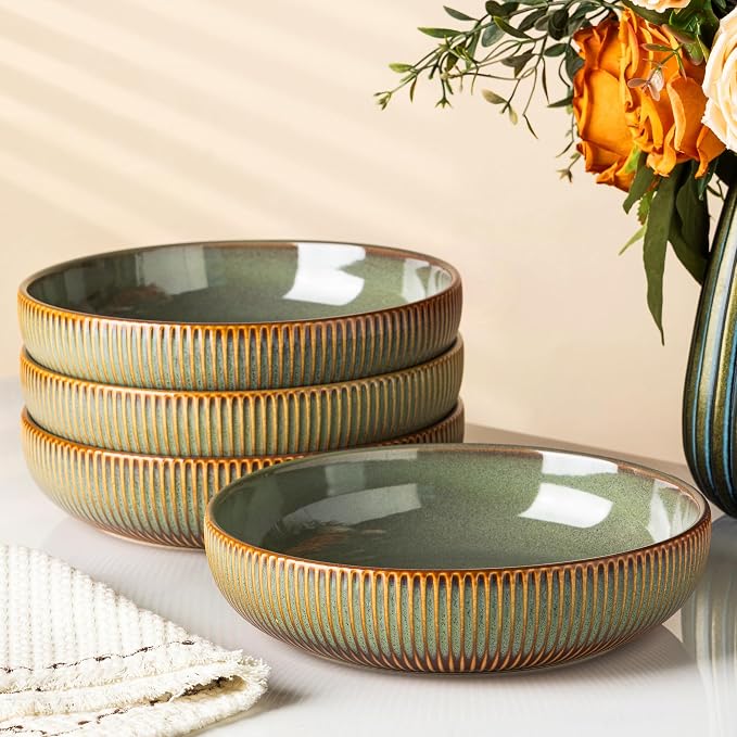 8.5" Ceramic Pasta Bowls Set of 4, Salad Bowls | Versatile Serving Bowls for Pasta, Salad, Fruit & Noodles, Housewarming & Wedding Gift, Sage Umber