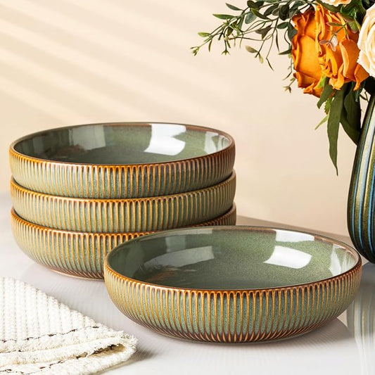 8.5" Ceramic Pasta Bowls Set of 4, Salad Bowls | Versatile Serving Bowls for Pasta, Salad, Fruit & Noodles, Housewarming & Wedding Gift, Sage Umber