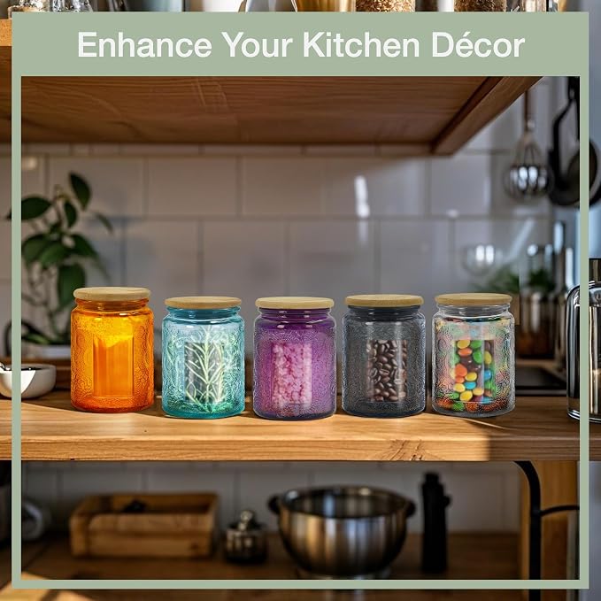 8 oz Decorative Small Glass Jars with Airtight Bamboo Lids, Green 6 Pack | Vintage embossed color coated containers, kitchen pantry bathroom organization & decor, spices, DIY gifts, candle making