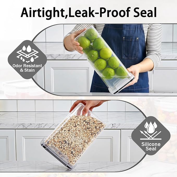 24 PCS Airtight Food Storage Containers with Lids, Plastic Kitchen and Organization Canisters for Cereal, Dry Food, Flour and Sugar, BPA-Free, PVC-Free, Includes 24 Black Labels & Marker