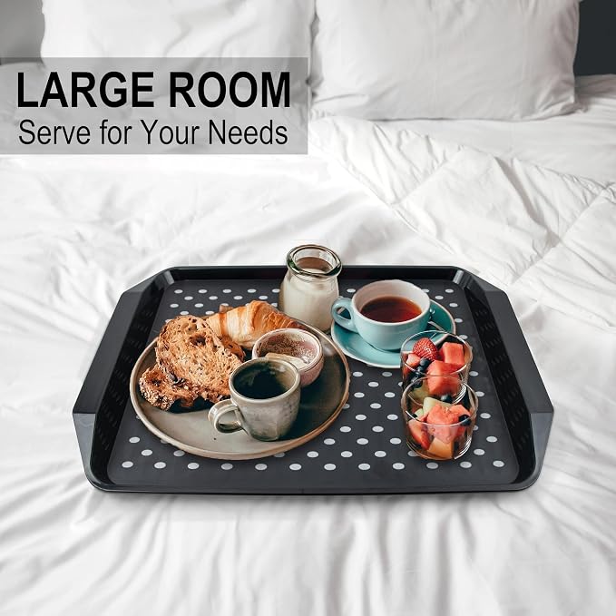 KAQAHIDO Large Non Slip Serving Tray with Grippy Dots, TV Lap Trays for Eating on Couch, Meal Serve for Dinner Breakfast, Rectangular Food Carrying for Plates, Glasses, Dishes, Set of 2, Black