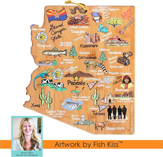Totally Bamboo Arizona State Shaped Cutting Board, Art by Fish Kiss | State charcuterie board with colorful hand-drawn map artwork. Smooth reverse side for food prep. Hang tie for wall display.