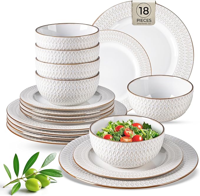 GBHOME Ceramic Dinnerware Sets of 6,18 pcs Plates and Bowls Sets Dishes | Embossed Elegant Stoneware Dishes Set | Dishwasher & Microwave Safe | Service for 4