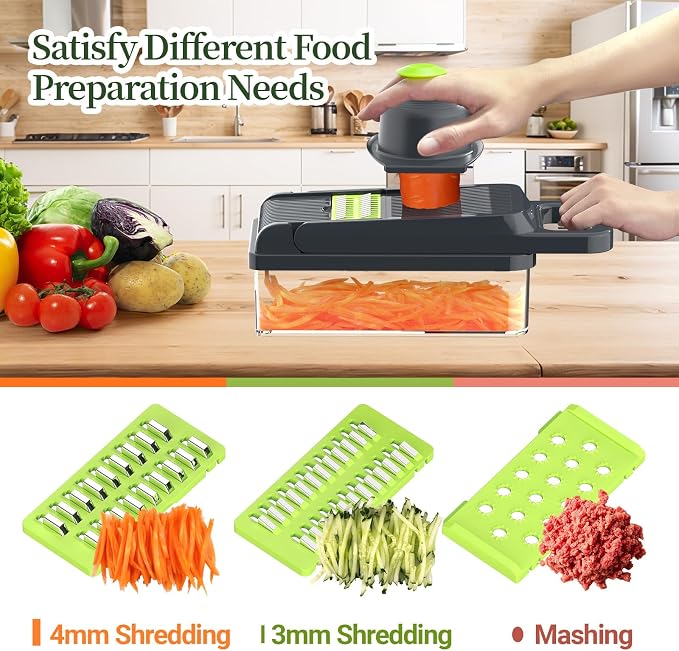 12-in-1 Vegetable Chopper 7 Blades, Veggie Cutter with Handle, Green/Grey | Stainless Steel Blades, Food Container and Lid, Dicer, Slicer, Julienne, Egg Separator, Non-slip Base, Include Cleaning Tools