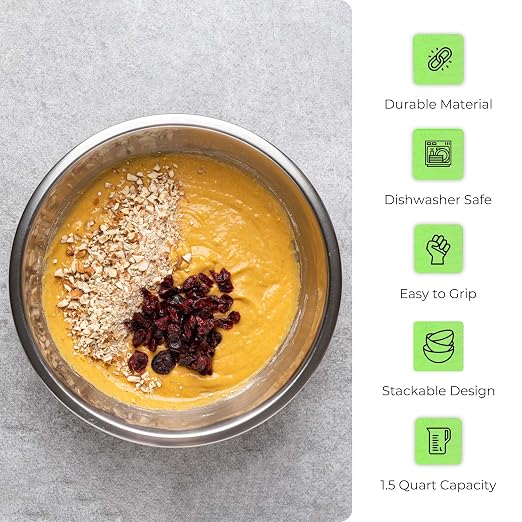 OCS Parts 1.5 Quart Mixing Bowl | 8-Inch Stainless Steel Professional Grade Flat Base Mixing Bowls for Home and Commercial Kitchens | Dishwasher Safe