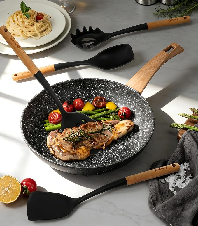 Large Silicone Cooking Utensils Set, 10Pcs Nonstick Kitchen Utensil Set with Wooden Handle, Heat Resistant Silicone Utensils for Cooking, BPA Free Spatula Set with Turners Spoon Ladle Skimmer(Black)