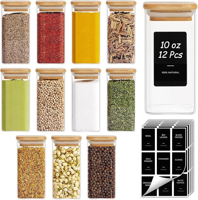 ComSaf Glass Spice Jars with Labels 10 oz 12 Pack Large Square Bamboo Lids | Empty Containers, Seasoning Herbs Powders, Salt Pepper Chili, Spice Rack Organization, Kitchen Cabinet Storage, Dry Goods