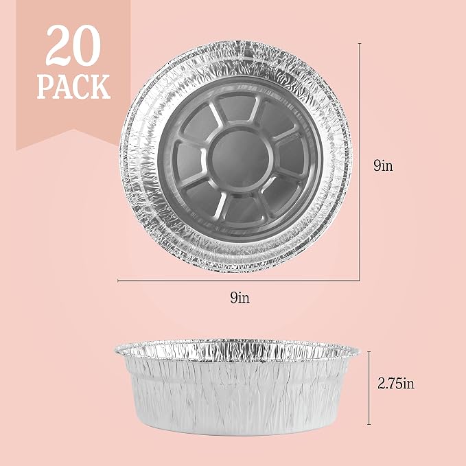 PLASTICPRO 9'' Inch Deep Round Tin Foil Pans Disposable Aluminum, Freezer & Oven Safe - For Baking, Cooking, Storage, Roasting, & Reheating, Pack of 20