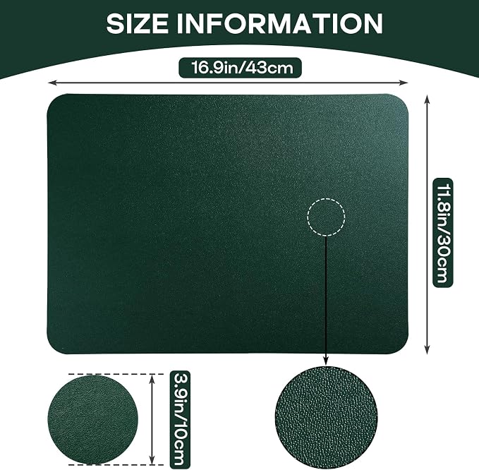 Faux Leather Placemats Set of 6 Waterproof Table Mats with Coaster | 17×12 In Heat Resistant Place Mats Set of 6 Wipebale & Washable Table Placemats for Kitchen Dining Indoor & Outdoor DarkGreen