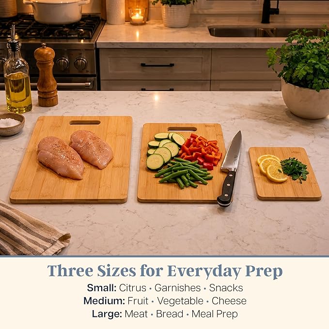 Totally Bamboo Cutting Board Set, 3 Reversible Cutting Boards for Kitchen | Small, medium & large bamboo boards for everyday meal prep. Smooth, knife-friendly surface for meat, produce, cheese & bread.
