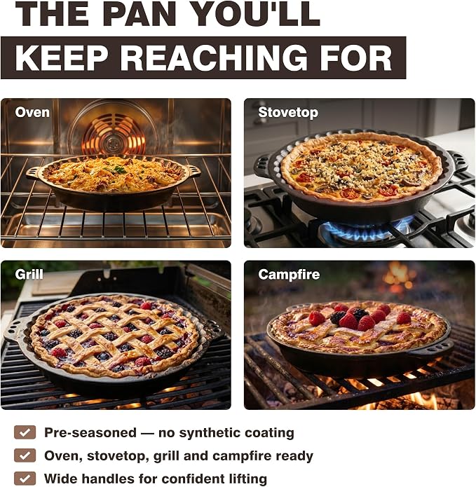 Cast Iron Pie Pan | Pre-Seasoned Round Baking & Serving Dish | 9" | Pan for Apple, Pumpkin & Cherry Pies, Quiche & Tarts | For Baking & Serving | Silicone Trivet Included | 9", 2" Deep
