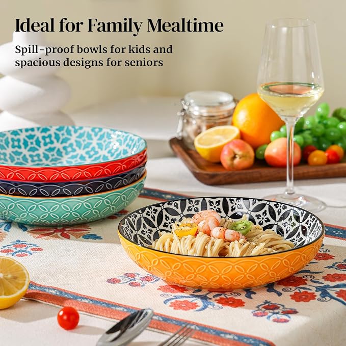 DOWAN 8.5" Vibrant Pasta, Salad & Soup Serving Bowls Set of 4, Embossed Large Porcelain Ceramic, Microwave, Oven & Dishwasher Safe, Bonita Design Perfect for Daily Dining, Family Gatherings, Party