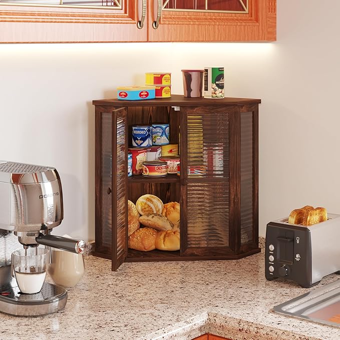 Corner Bread Box for Kitchen Counter, 16.7 Inch Extra Large 2-Tier Farmhouse Bread Box with Natural Pine Wood Grain, Dual Wave Glass Doors and Adjustable Shelf(Pine Wood)