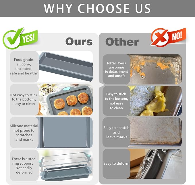 Silicone Baking Pans Set, 4 Pieces Nonstick Bakeware Set with Baking Pans, Baking Sheets, Cookie Sheets, Cake Pan with Metal Reinforced Frame More Strength, Light Grey