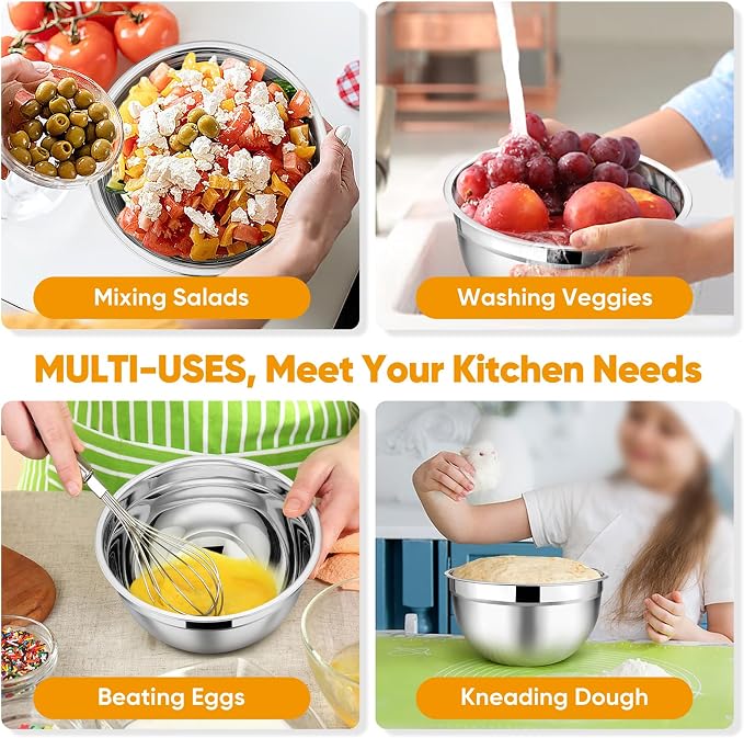 TeamFar Mixing Bowls Set of 5, Stainless Steel Metal Salad Bowls with Lids | 4.5/3/1.5/1/0.7 QT, Nesting Bowls, Ideal for Mixing Prepping Serving, Non-Toxic & Sturdy, Airtight Lid & Easy Clean, Black