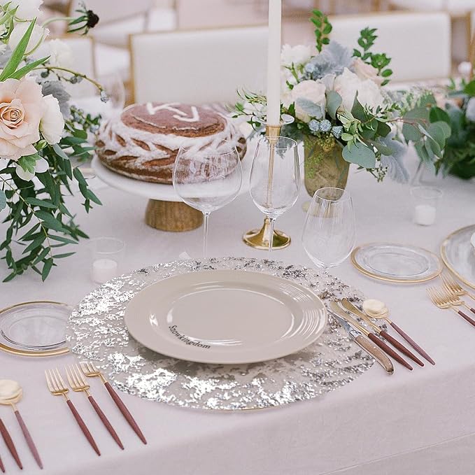Snowkingdom Silver Disposable Placemats Set of 100 Foil Mesh 13 Inch Round Table Mates Bulk 100 Pack Silver Doilies for Dining Table Wedding Birthday Party Holiday Home Decoration