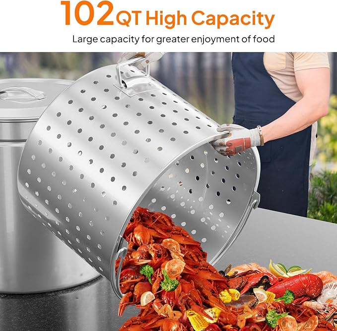 Bonnlo 102QT Stainless Steel Stock Pot for Boiling Seafood, Crawfish lobster & Crab, Frying Turkey & Steaming Tamales, Large Boil Pot with Steamer Basket, Lid, Lifting Hook for Outdoor Cooking Patio