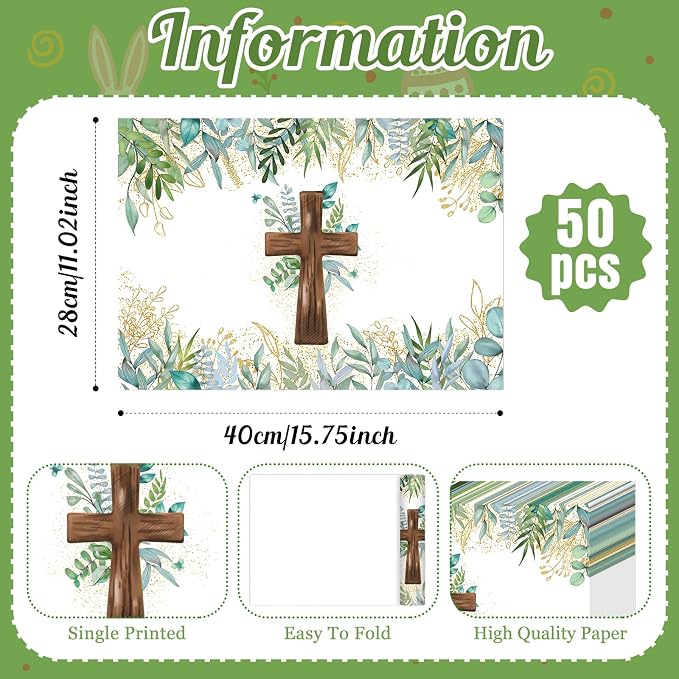 50 Pack Christian Disposable Paper Placemats Cross Eucalyptus Mats