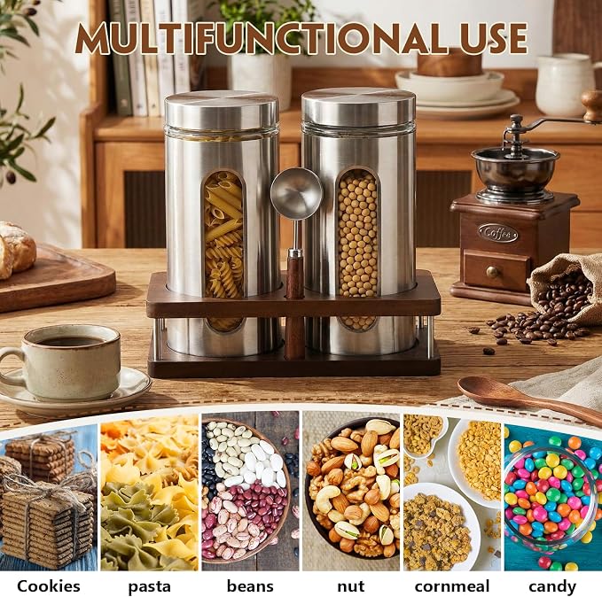 Stainless Steel Coffee Grounds Canisters Container with Shelf | 2 x 50oz, Sugar Coffee Bean Storage Container Set, Airtight Threaded Lid, Glass Window, Scoop, Kitchen Jar for Coffee Bar