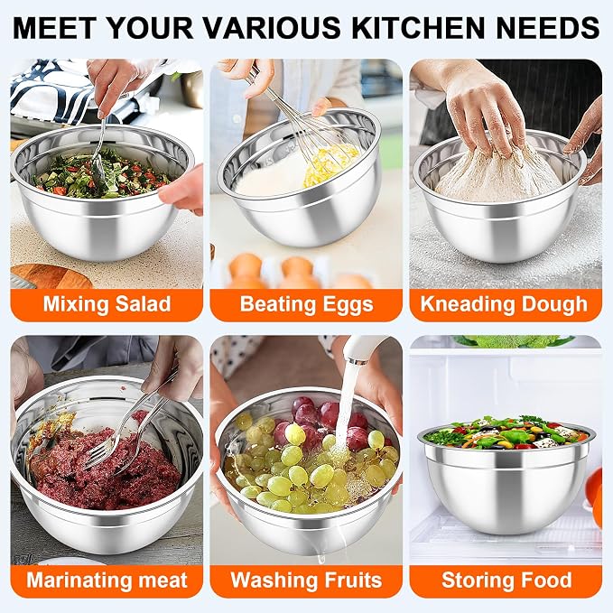 TeamFar Mixing Bowls with Lids, 5PCS Stainless Steel Metal Salad Bowl | with lids & 3 Grater Attachments, for Cooking/Prepping/Serving, Airtight Lids & Easy Clean - 0.7/1/1.5/2.6/4.6QT, Black