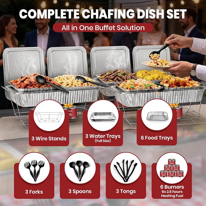 Disposable Chafing Dish Buffet Set, 33 Piece of Chafing Servers with Food Warmers, Covers, Full-Size Food Pans, Water Trays, Serving Utensils, Foil Lids and 2.5Hr Fuel Cans for Parties, Catering
