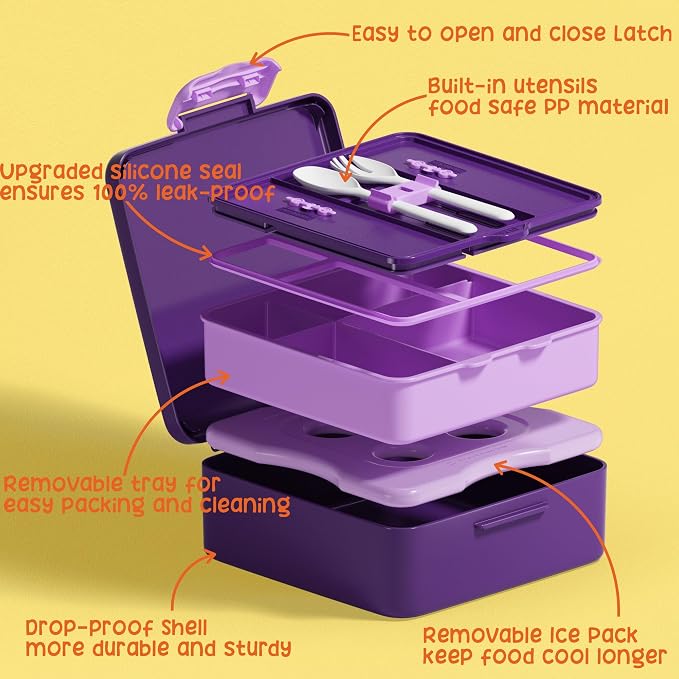 Fimibuke Chill Bento Box for Kids, Toddler Lunch Box with Built-In Ice Pack | Keep Cold Leak Proof BPA Free 4 Compartment Lunch Container with Utensil for Girl Boy School Adult, Microwave Dishwasher Safe