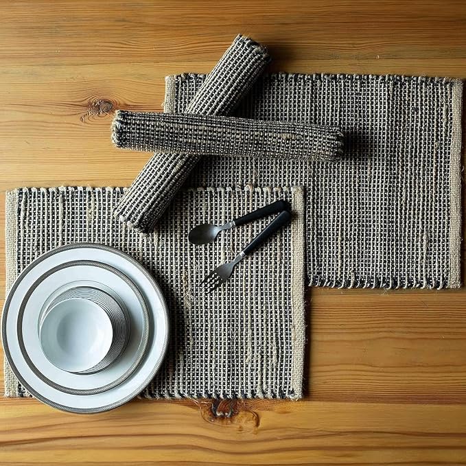 Natural Jute & Black Placemats, Set of 4 – Rustic Handmade Boho Table Mats, 13x19 Inch Dining Table Placemats for Kitchen, Everyday Meals, Holidays, Farmhouse or Modern Table Décor