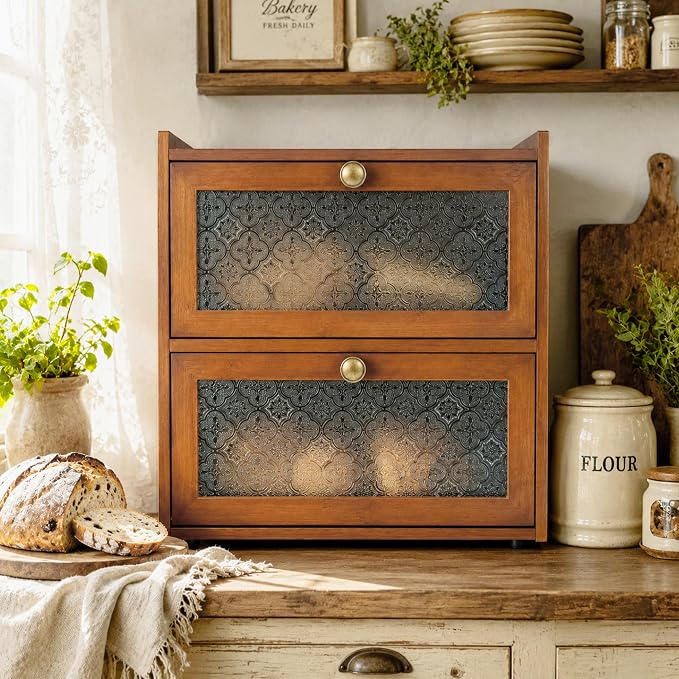 ETMI Vintage Bread Box for Kitchen Countertop - 2 Layer BreadBox Large Carbonized Bamboo Bread Storage Container Kitchen Organizer