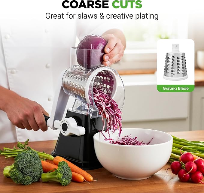 Nutrichef 3 in 1 Cheese Grater & Shredder | Strong Suction Base, Rotary Handle with Safety Lock | Includes Hand Crank & 3 Drum Blades for 3 Textures, Fine, Medium & Strips | Black