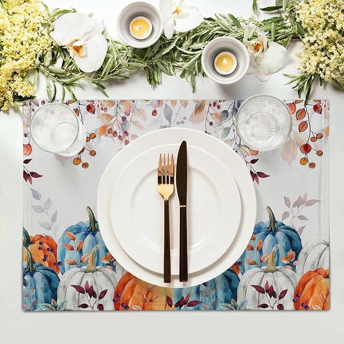 Fall Placemats for Dining Table Set of 4, Autumn Pumpkins Leaves Thanksgiving Harvest Washable Cloth Farmhouse Decorative Kitchen Table Mats 12x18 Inch for Seasonal Home Party Outdoor