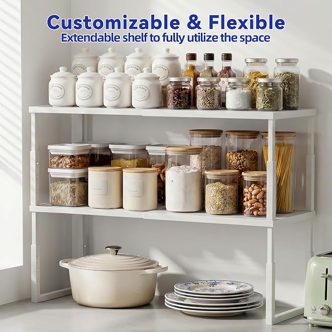 Expandable Cabinet Shelf Organizer, Stackable Countertop Shelves, White | 15.8''- 25.5'' In Cabinet Shelf, Adjustable Kitchen Cabinet Organizer for Pantry Organizer, CupBoard Organizers and Storage